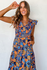 Load image into Gallery viewer, Dark Blue Boho Floral V Neck Ruffle Tiered Long Dress
