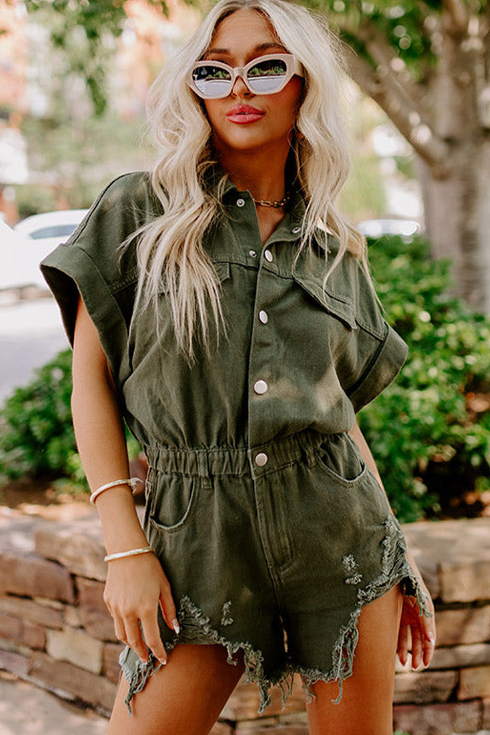 Moss Green Distressed Frayed Denim Romper