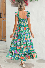 Load image into Gallery viewer, Green Boho Floral Print Ruffle Sleeveless Tiered Maxi Dress
