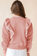 Load image into Gallery viewer, Light Pink Bow Detail Contrast Trim Ruffle Sweater
