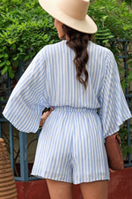 Load image into Gallery viewer, Tied Striped Three-Quarter Sleeve Romper
