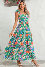 Load image into Gallery viewer, Green Boho Floral Print Ruffle Sleeveless Tiered Maxi Dress
