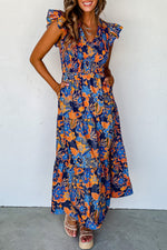 Load image into Gallery viewer, Dark Blue Boho Floral V Neck Ruffle Tiered Long Dress
