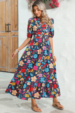 Load image into Gallery viewer, Green Floral Print Split V Neck Puff Sleeve Maxi Dress
