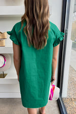 Load image into Gallery viewer, Bright Green Shirred Ruffle Sleeve Button Up Shirt Dress
