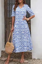 Load image into Gallery viewer, Sky Blue Geometric Print Casual V Neck Maxi Dress
