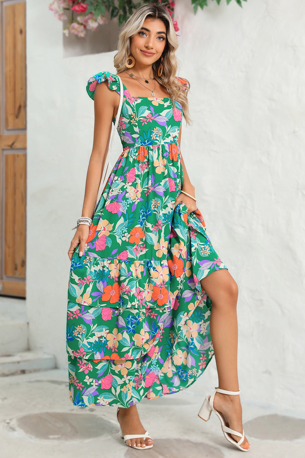 Green Boho Floral Print Ruffle Sleeveless Tiered Maxi Dress