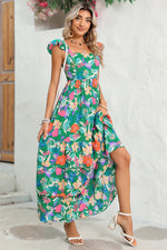 Load image into Gallery viewer, Green Boho Floral Print Ruffle Sleeveless Tiered Maxi Dress
