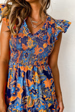 Load image into Gallery viewer, Dark Blue Boho Floral V Neck Ruffle Tiered Long Dress
