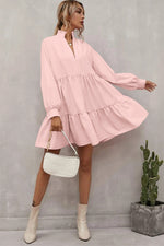 Load image into Gallery viewer, Pink Casual Stand V Neck Short Frill Dress
