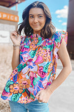 Load image into Gallery viewer, Multicolor Floral Print Ruffle Sleeveless Smocked Blouse
