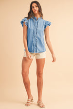 Load image into Gallery viewer, Ashleigh Blue Button Front Ruffled Flutter Frayed Denim Top
