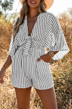 Load image into Gallery viewer, Grey Striped Print Tie Knot Front Romper With Pockets
