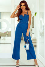 Load image into Gallery viewer, Blue Spaghetti Straps Notch V Denim Jumpsuit
