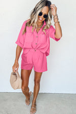 Load image into Gallery viewer, Bright Pink Textured Chest Pocket Half Sleeve Shirt Shorts Set
