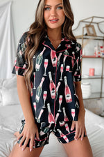 Load image into Gallery viewer, Black Champagne Print Silky Short Sleeve Pajamas Set
