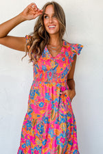 Load image into Gallery viewer, Dark Blue Boho Floral V Neck Ruffle Tiered Long Dress
