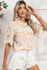 Multicolor Floral Print Wide Batwing Sleeves Blouse