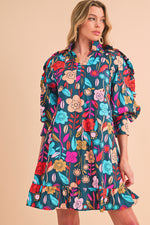 Load image into Gallery viewer, Green 60s Flower Print Ruffle Trim V Neck Mini Dress
