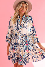 Load image into Gallery viewer, White Ethnic Print Boho Button Tiered Mini Dress
