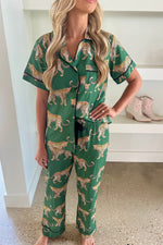 Load image into Gallery viewer, Green Cheetah Print Short Sleeve Shirt and Pants Pajama Set
