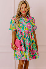 Load image into Gallery viewer, Green Floral Puff Sleeve Buttoned Babydoll Dress
