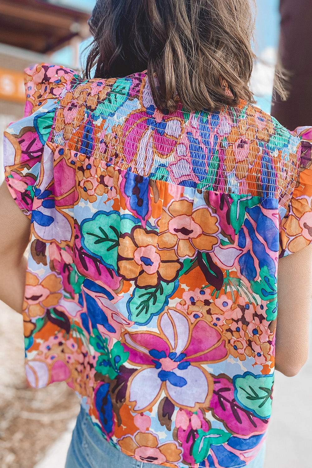 Multicolor Floral Print Ruffle Sleeveless Smocked Blouse