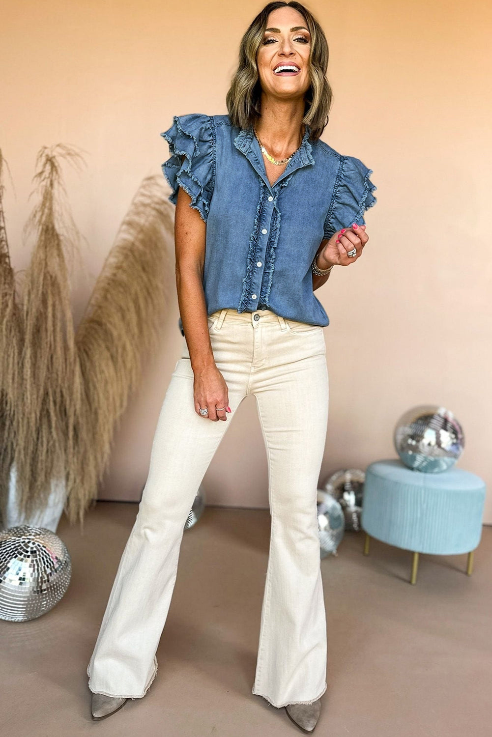 Ashleigh Blue Button Front Ruffled Flutter Frayed Denim Top